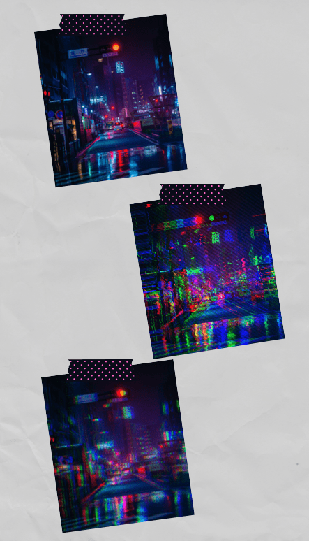 Some examples of glitch effects applied to images. The first image is the original, without any effects applied to it.