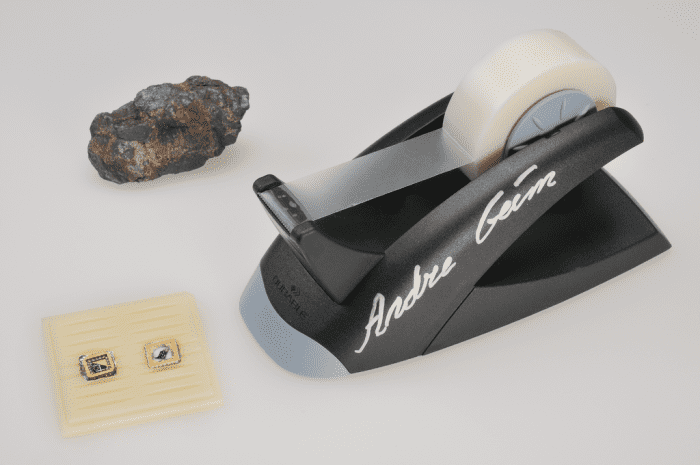 A lump of graphite, a graphene transistor, and a tape dispenser. Donated to the Nobel Museum in Stockholm by Andre Geim and Konstantin Novoselov in 2010.