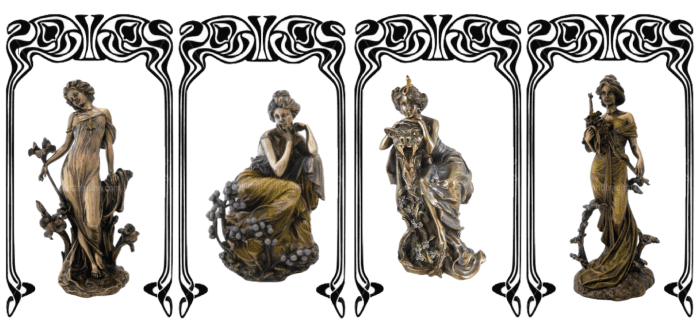 Left to Right: "Orchid" (10.5" high); "Contemplation" (7" high); "Beauty and Beast" is is 9.75 inches tall; and "Spring" is 11" in height. All in cold cast bronze/bronze resin. Some with handpainted highlights.