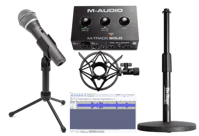 The Samson Q2U microphone and the M-Audio M-Track Solo are affordable entry-level options for podcasting, videos, and voiceovers. Complete your setup with an On-Stage stand and the Knox Microphone Shock Mount along with a DAW like Audacity or Reaper