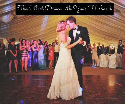 Tips for your first wedding dance (1) wear shoes that you're comfortable wearing, (2) change to a dress that isn't too long and won't get caught, (3) smile and give eye contact to your partner, (4) don't overthink things.