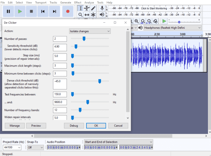 The De-Clicker is a free Nyquist plugin that can be used to remove clicks and other mouth noises in Audacity