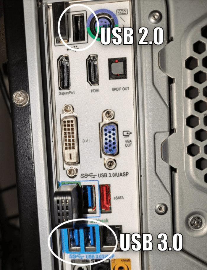 USB 3.0 will have blue colored ports. In this case the port is also outlined in blue, but often it's just a small piece on the inside where the cable connects that is painted blue.