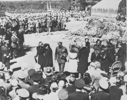 President Harry S. Truman, Eleanor Roosevelt, other members of President Roosevelt's family, and a portion of the crowd at the funeral ceremony for Franklin D. Roosevelt, taken at the burial site in Hyde Park, New York. - 14 April 1945 - U.S. Nationa