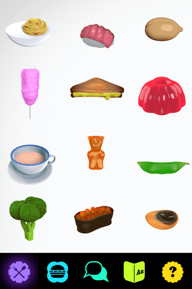 Screenshot of the iPhone app showing the pantry and some of the things you can choose to feed your Furby.