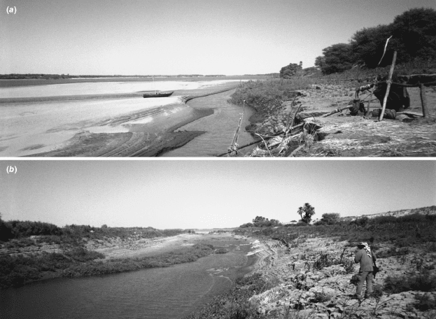 Geomorphology of the Nile channel complex in the Dongola Reache in northern Sudan at low flow. (a) A large sand bar and thick channel margin flood deposits. (b) A flood channel to the east of the main Nile. View looking downstream in each case, 1997.