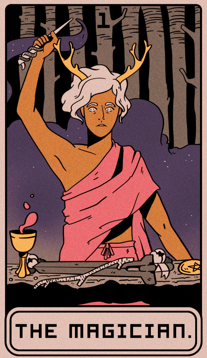 The Magician looks to fire, earth, air, and water for inspiration and taps into the Universe's knowledge to manifest things into physical reality.