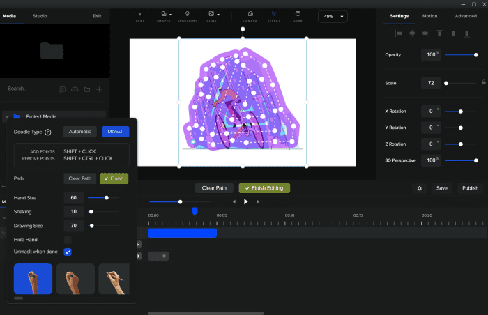 With Create Studio Doodle Effects, you can choose automatic or manual to customize how the hand moves