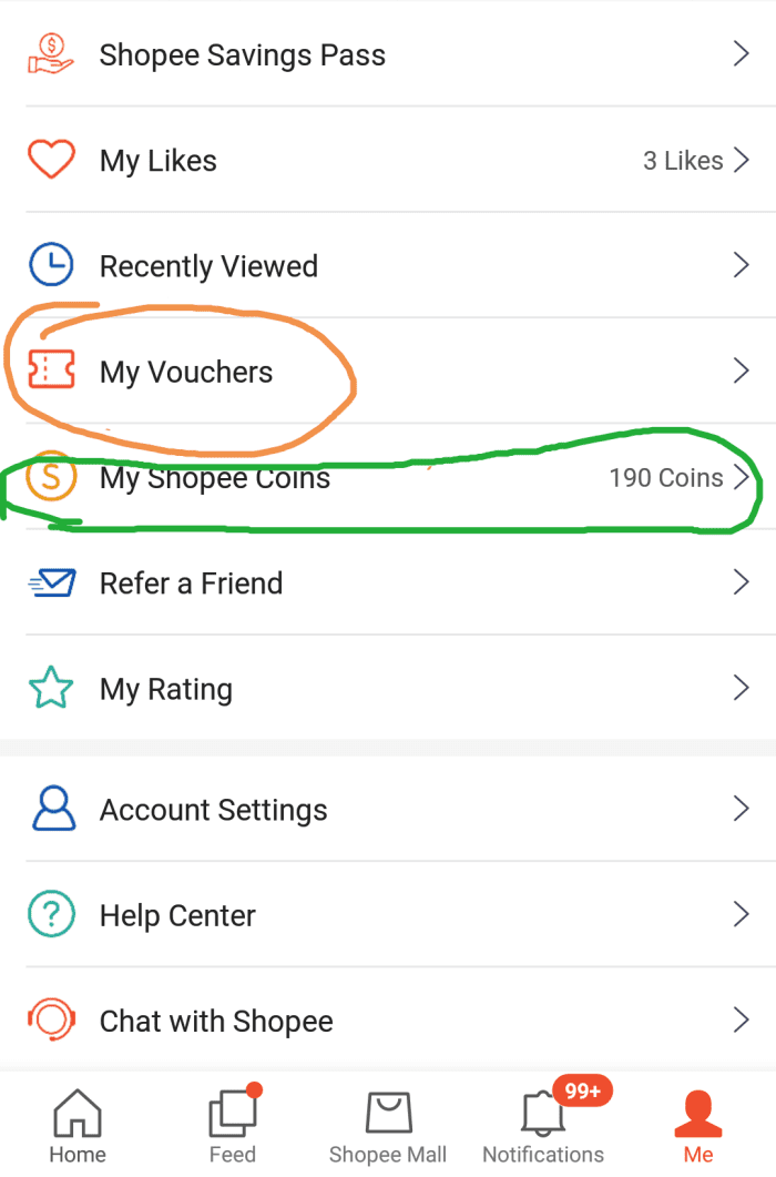 Screenshot: Shopee Cashback Vouchers Are Saved in "My Vouchers". Total Coins Collected Will Be in "My Shopee Coins"