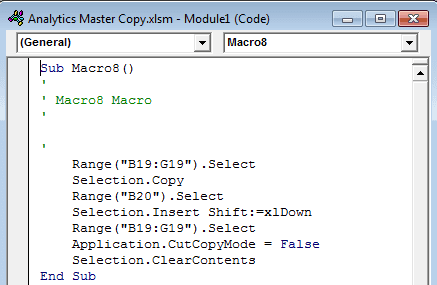 Example of Visual basic code gathered from a recorded macro to be added to a Command Button in Excel 2007 and Excel 2010.