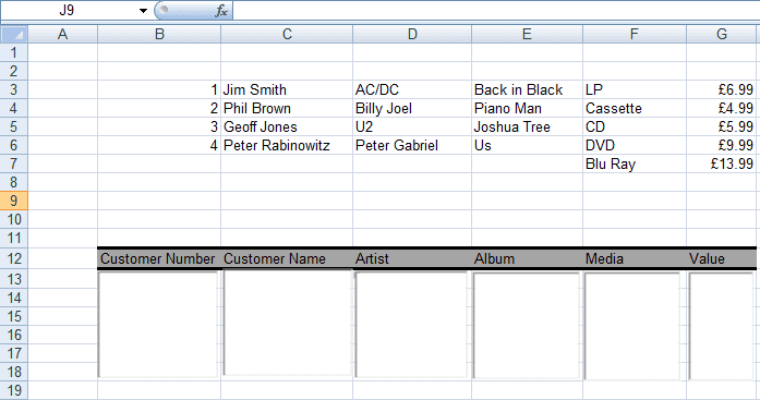 List Boxes and data columns created to use in our Form in Excel 2007 and Excel 2010.