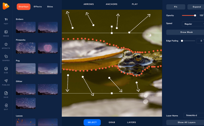 Anchors (orange dots) and arrows are used to animate a photo. Overlays, text, shapes, and other effects can be added