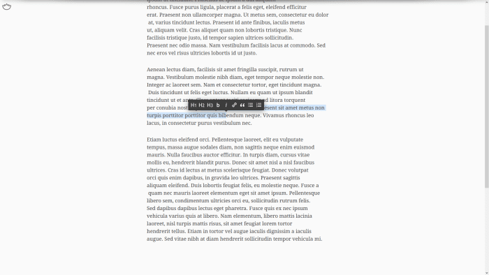 Calmly Writer's options can be accessed through the lotus flower icon on the top left corner. A formatting bar appears when you select a portion of the text.