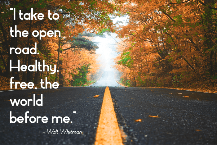 "I take to the open road. Healthy, free, the world before me." - Walt Whitman, American poet