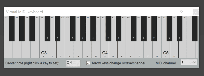 Reaper's virtual keyboard can be used with virtual synths like Izotope's Iris 2 or Piano One by SoundMagic. Letters on the piano keys show you which computer keyboard buttons you need to play each note