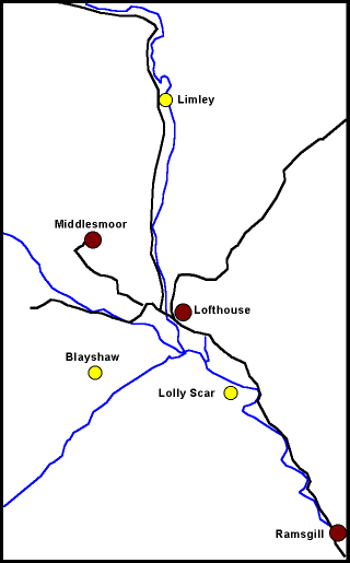Upper Nidderdale locations - the yellow dots indicate former lead mines