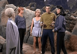 Christopher Pike (Jeffrey Hunter) confronts the Talosians in the pilot episode "The Cage", which started Star Trek off on its famed five year mission to ecplore strange new worlds.