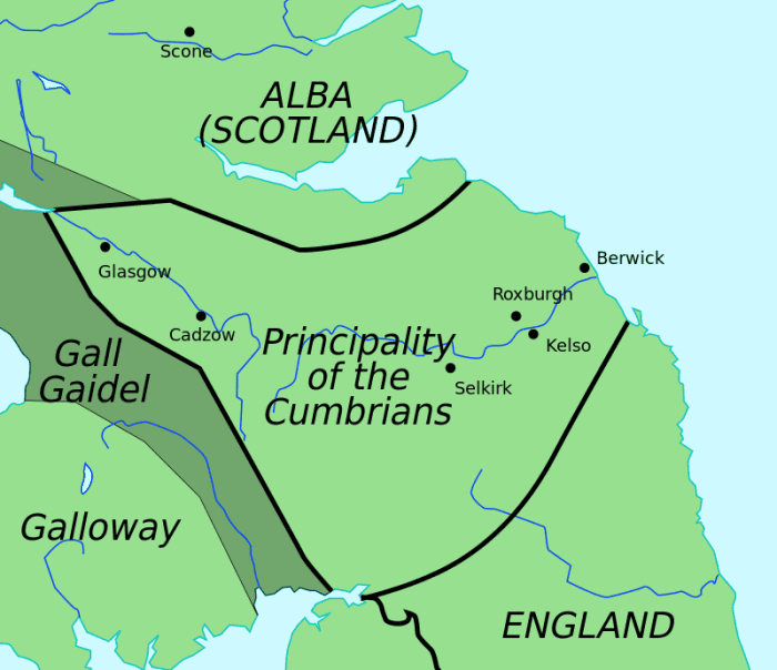 A map showing Alba and the Principality of the Cumbrians. The English/Scottish boundaries are not yet fixed as we know them: Glasgow is in Cumbria.