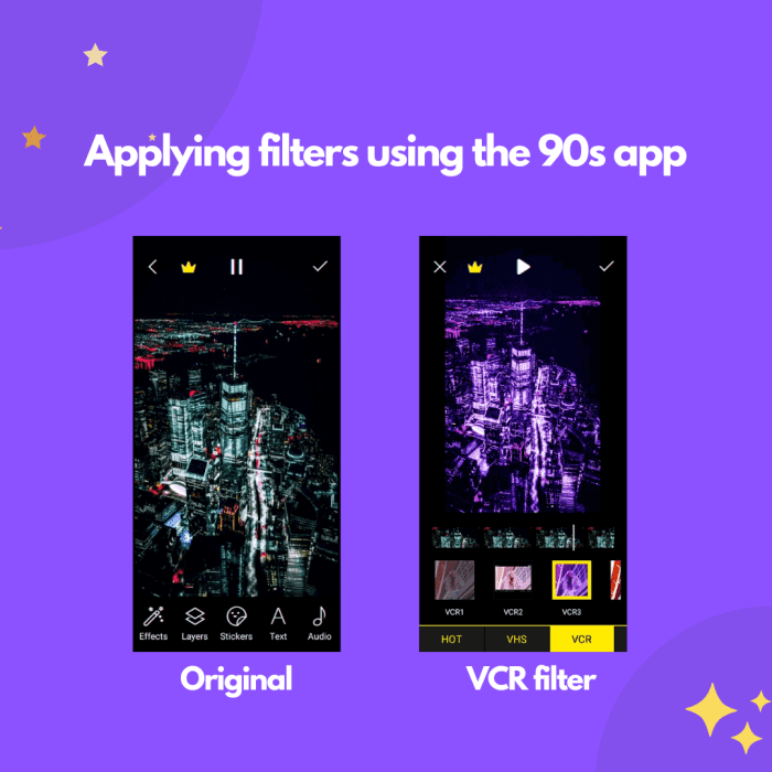 An example of using filters with the 90s app, the left-hand side screenshot shows the original and the right-hand side shows the filter applied, leading to an aesthetic and pretty effect
