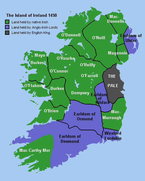 1450 map or Ireland showing land ownership at the time. Green represents wealthy Irish landowners growing food for export to England.