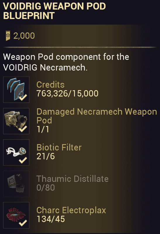 Be mindful that many resources required to craft the Voidrig may require you to do various tasks, even outside of the Cambion Drift!