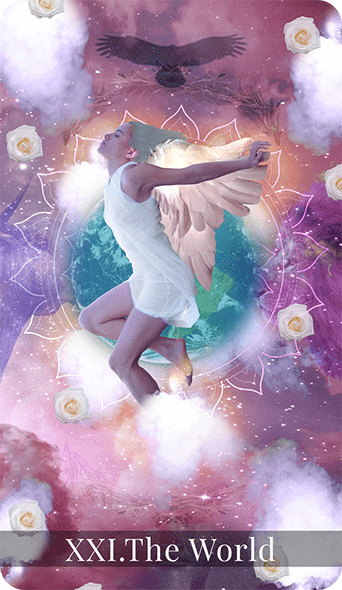 The World card is a positive one. It relates to the positive features of the Universe. It encourages a belief in heaven.