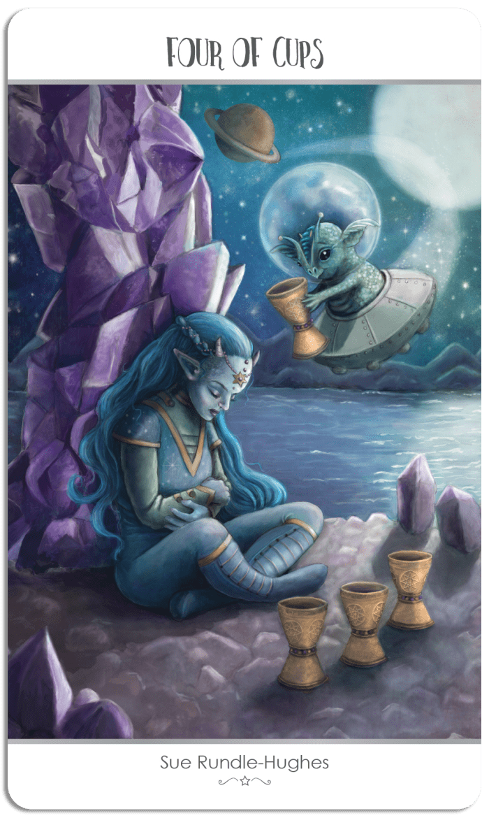 The Four of Cups is about finding rest. You need to give yourself time to heal. Constantly being on the go leads to confusion.