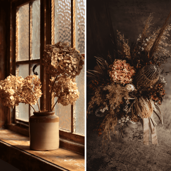 Dried hydrangeas are very versatile. Here are just two ways they might be arranged!