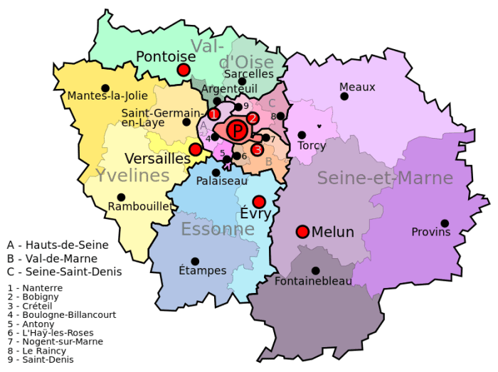 Paris and Versailles are shown here; Senart and Etoilles lie to the south east of Paris close to Evry in Essone and into Seine-et-Marne.