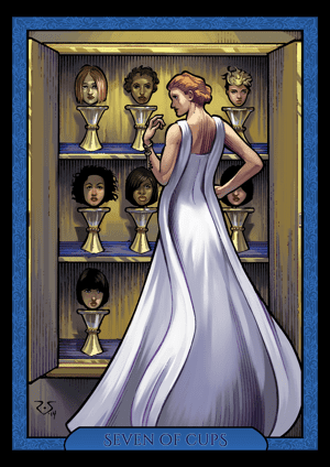 The Seven of Cups is about trying to navigate virtues and vices. You are one choice away from picking something terrible or something empathetic. You also have the choice to pick no cups.