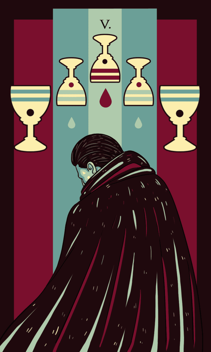 The reversed Five of Cups is hopeful. You're beginning to see the light. You're allowing yourself to recover. You're trying to make your liberation a priority.