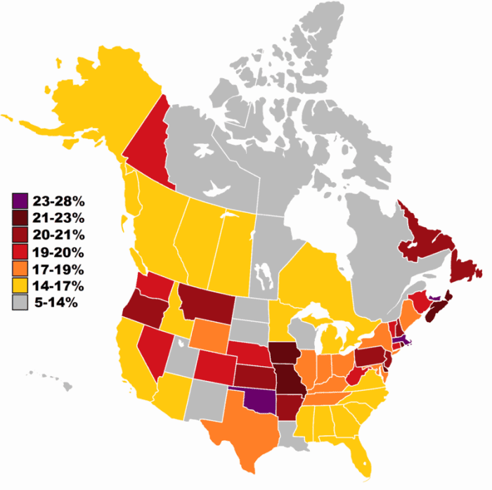 Irish ancestry in the USA (1980 census) and Canada (2016 census). Legend: 23-28% 21-23% 20-21% 19-20% 17-19% 14-17% 5-14%