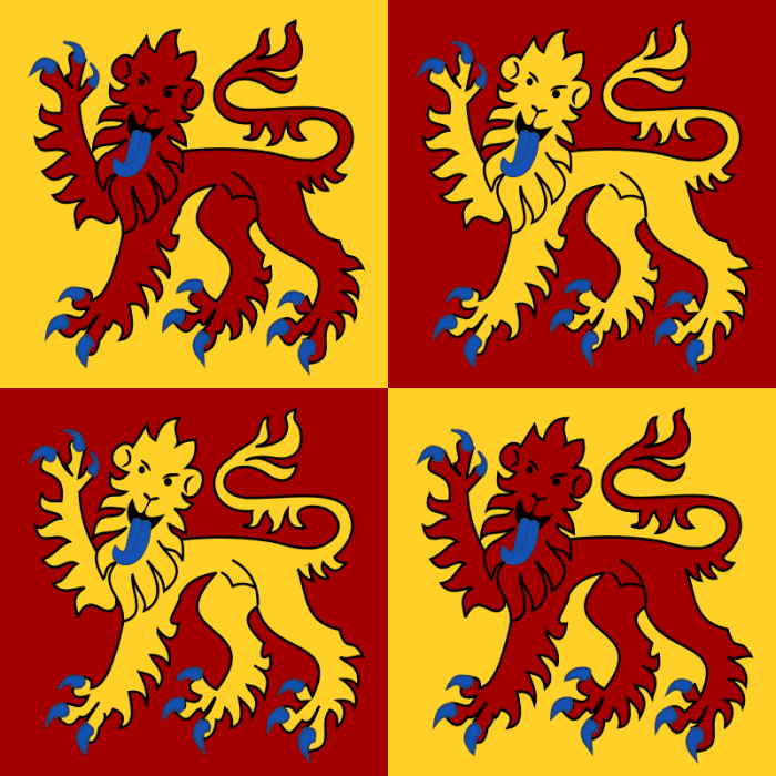 The Flag of the Kingdom of Gwynned used by Llewellyn the Great, Owain's ancestor. Prince Charles, the current Prince of Wales uses a version of this.