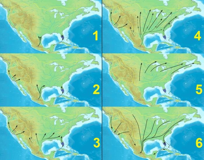 Yearly monarch butterfly migration patterns in North America: 1) March 2) April 3) End of April 4) April - June 5) June - August 6) September - November