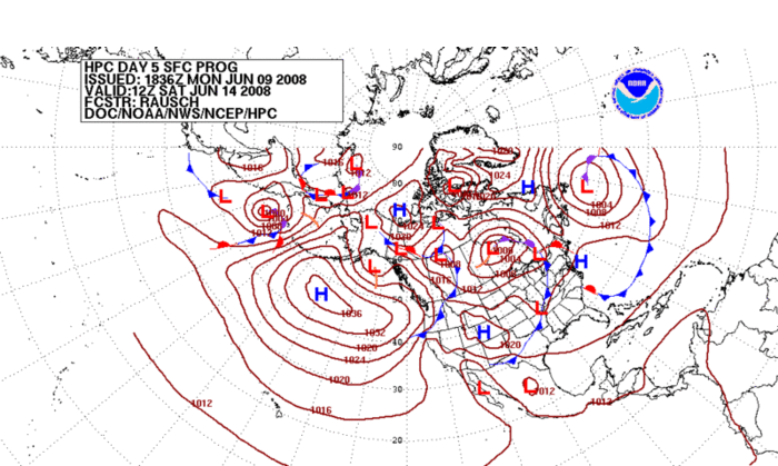 A 5-day pressure forecast, made by numerical forecasting methods. Image courtesy NOAA and Wikipedia.