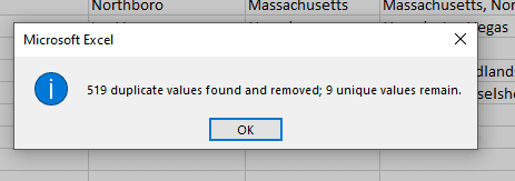 After running the remove duplicates tool on columns of your worksheet, you will only end up with records that have unique values for the chosen attributes.