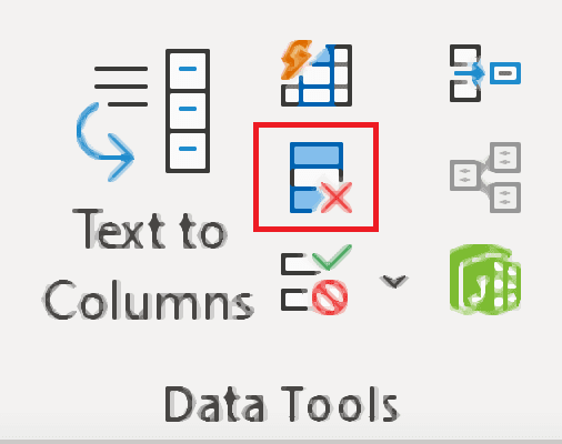 The above illustration shows the many spreadsheet data tools available in the data tools section of the data tab. The remove duplicates tool stands out with a red square around it depicting a column with an x on it.