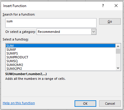 The above illustration shows the insert function window where functions to be inserted can be searched for.