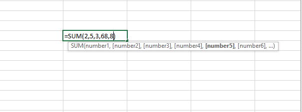In the above illustration, the SUM function is used to sum numbers where the are numbers entered directly into the formula of the function and separated by commas.