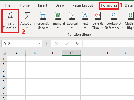 The above illustration shows where to find the insert function button on the Excel ribbon found under the formulas tab.