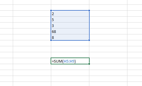 In the above illustration, the SUM function is used to sum numbers that are aligned in a vertical range. The position of the range is represented by the first cell followed by a colon and the last cell of the range.