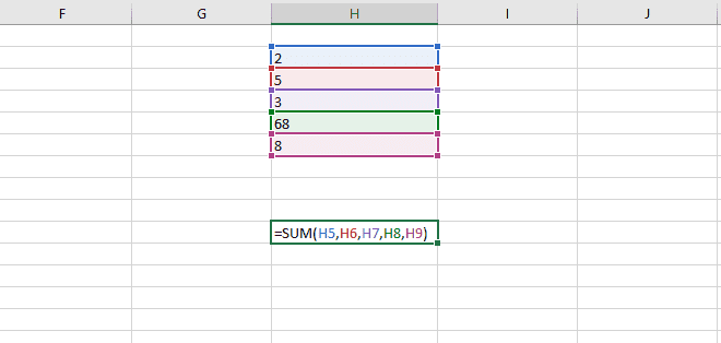 In the above illustration, the SUM function is used to sum numbers with references to individual cells. This is done by adding each reference to the function and separating them by commas.