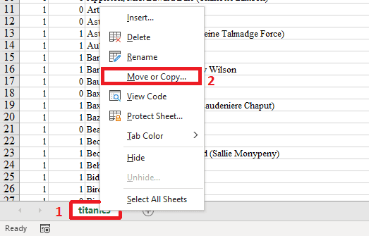 In the illustration above the sheet that is to be copied is right-click to show a menu where you must select the move or copy option to proceed to make a copy.