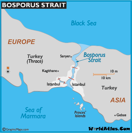 The Bosporus Strait in Turkey is the strait that divides two continents and also the city of Istanbul in two haves. Some people believe that in very ancient times it was not there the Black Sea was a lake and not connected to the Mediterranean Sea.