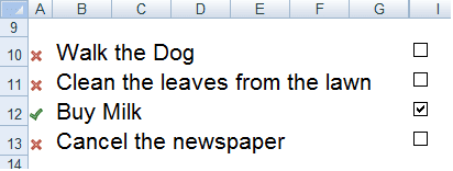 Check box to do list showing Icon Sets configured using Conditional Formatting in Excel 2007 or Excel 2010.