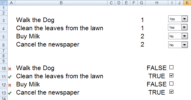 Illustration of the differences in output between Check boxes and Combo boxes in Excel 2007 and Excel 2010.