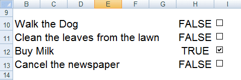 The Check box to do list showing the cells linked to the Check boxes in Excel 2007 or Excel 2010.