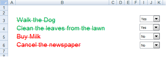 Completed Combo box to do list with Conditional Formatting in Excel 2007 or Excel 2010.