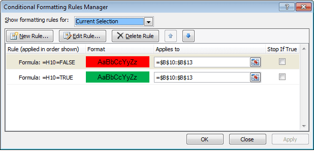 Conditional Formatting Rules Manager showing rules created using formulas in Excel 2007 or Excel 2010.