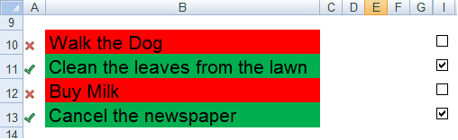 Check box to do list formatted with Conditional Formatting in Excel 2007 and Excel 2010.